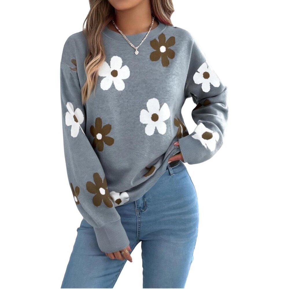 Women's Floral Knit Sweater Pullover Crewneck Long Sleeve Fall Winter